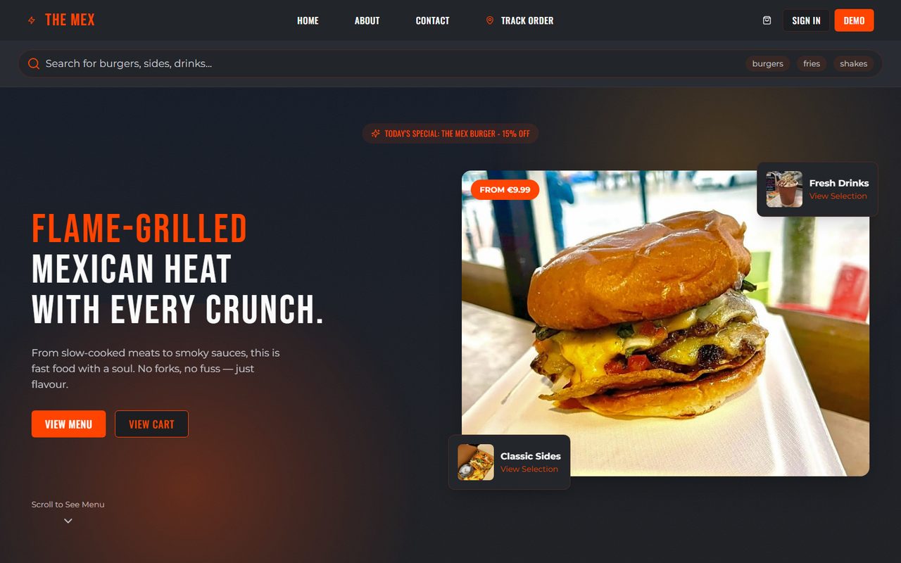 The MEX storefront — flame-grilled hero with live menu